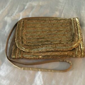 Limited Edition Woven Straw & Gold Sequin Shoulder Handbag Purse